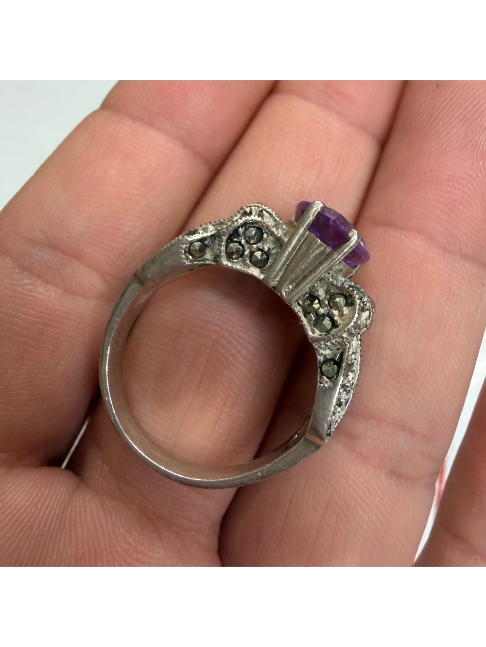 Judith Jack amethyst marcasite & sterling ring size 8 vintage - Picture 4 of 6